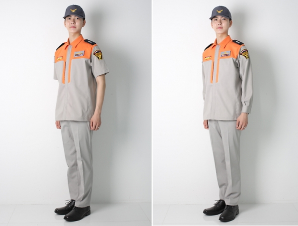 새롭게 개선된 의용소방대 근무복. (왼쪽 하복, 오른쪽 동복)