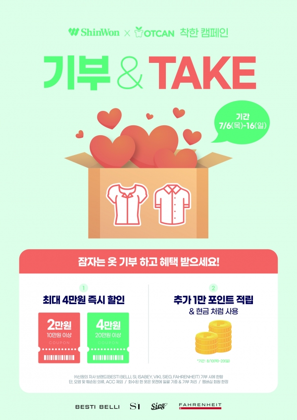 신원이 의류 나눔 비영리 단체 ‘옷캔’과 다시 한 번 손잡고 오는 6일부터 16일까지 11일간 ‘기부 & TAKE’ 캠페인을 전개한다.